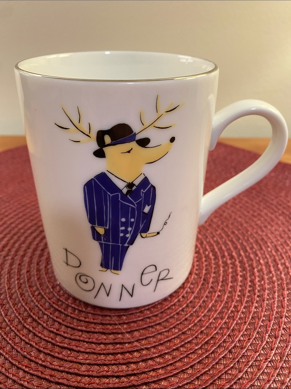 Pottery Barn”Donner”Reindeer Holiday Christmas Mug Vintage Silver Lined Rim New